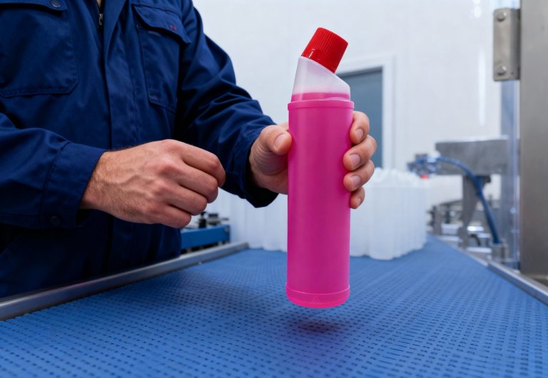 Een persoon langs een lopende band met een fles in zijn hand